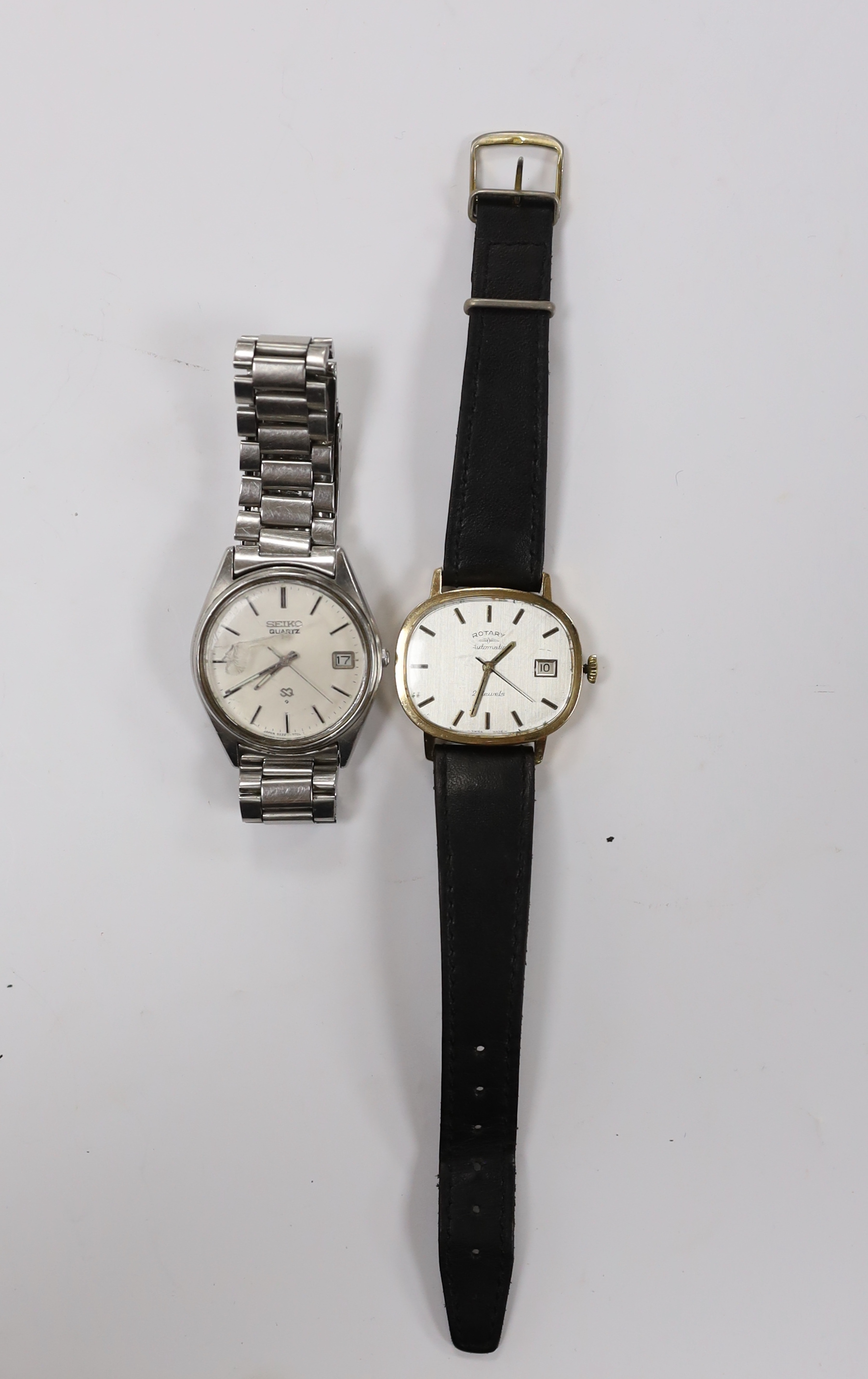 A gentleman's 1970's 9ct gold Rotary automatic wrist watch, with case back inscription, together with a gentleman's stainless steel Seiko quartz wrist watch.